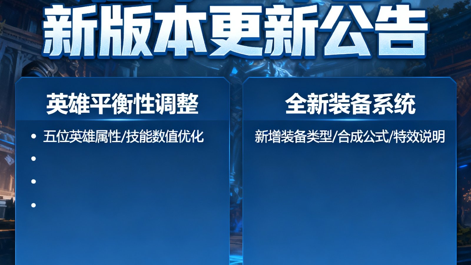 亿万28平台发布新版本更新公告，包含五位英雄平衡性调整与全新装备系统